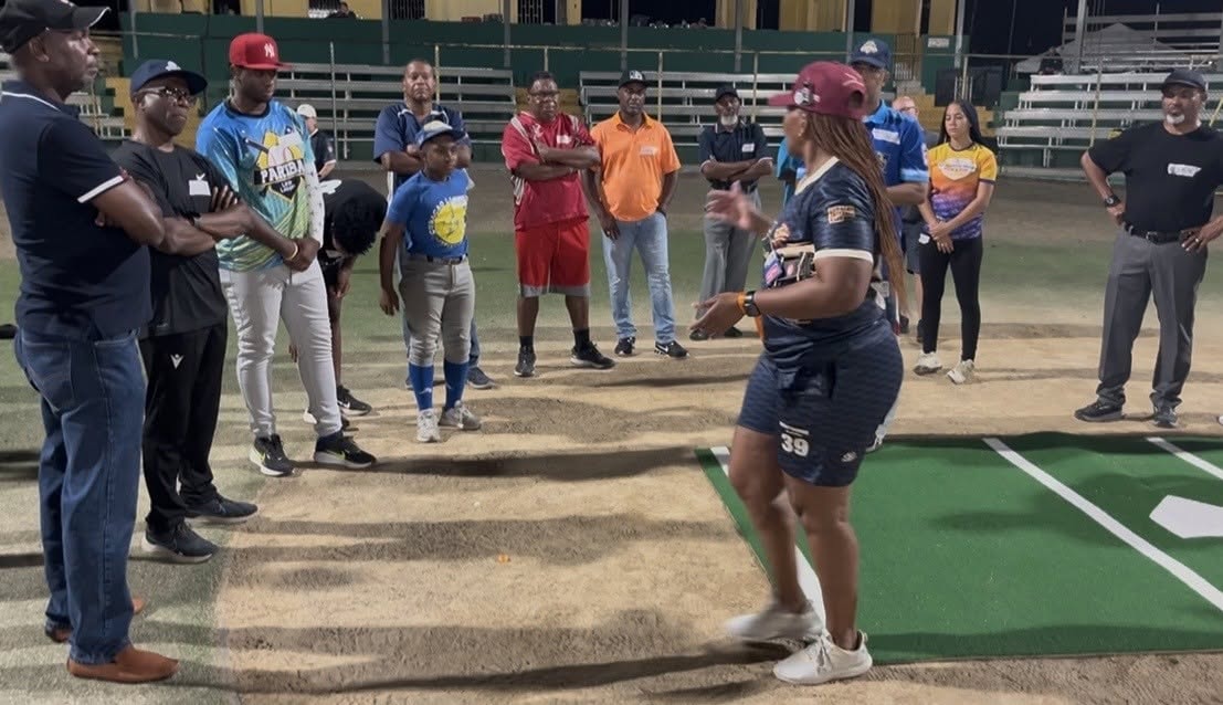 Baseball players and coaches at She Calls It All training clinic